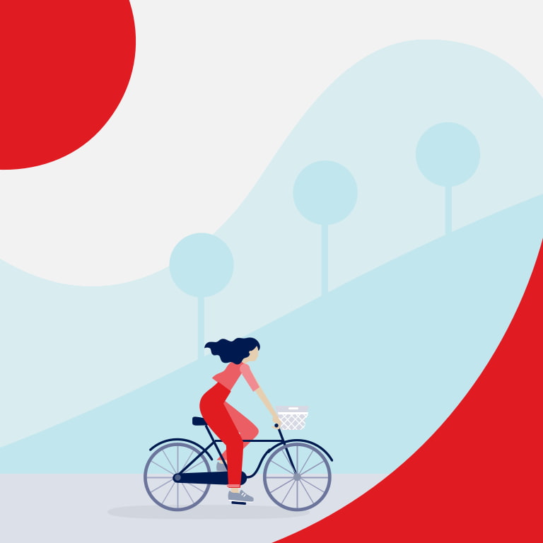 Illustration of woman in red riding a bicycle.