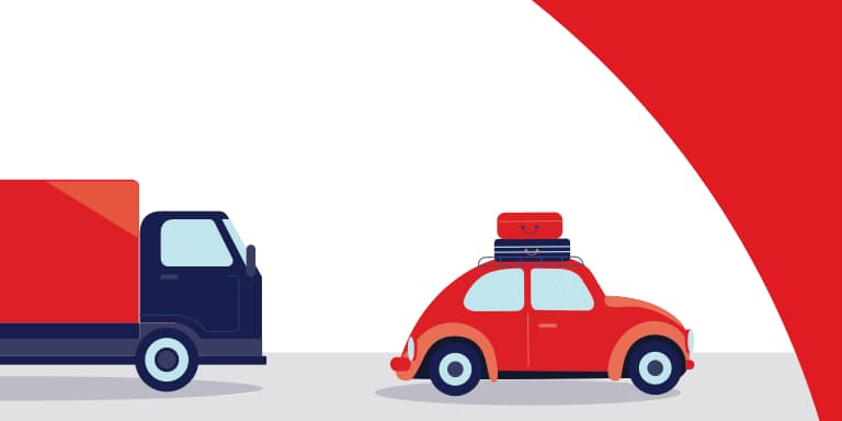 illustration of red car with luggage on roof being followed by a blue moving truck.