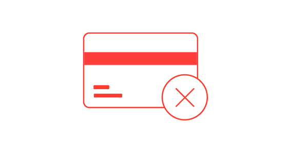 Illustration of a credit card with a symbol of an ex in a circle next to it.