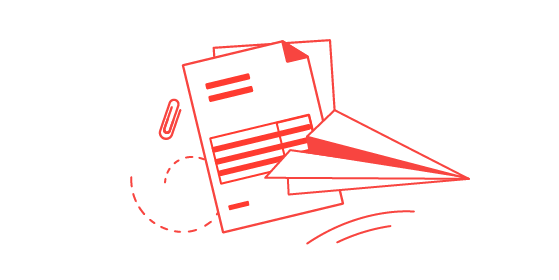 Illustration of two documents, a paper airplane flying and a paper clip.