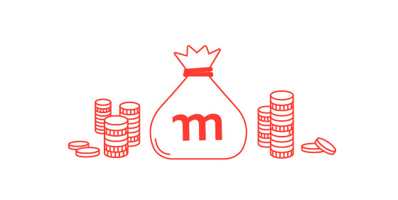 Illustration of a money bag with coins stacked next to it. 