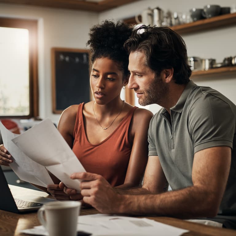 A couple sitting at a table with a laptop and papers, setting their financial goals.