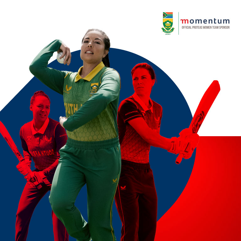 Action shot of a Protea’s Women cricket player hitting the ball. All Protea’s Women is sponsored by Momentum.