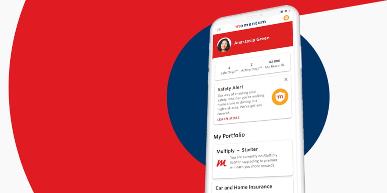 Cell phone screen opened on the Momentum App showing details of the Car and Home Insurance premium and the new feature, Safety Alert.
