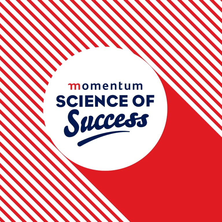 Momentum Science of Success logo in a circle illustration with a red and white angled strips in the background.