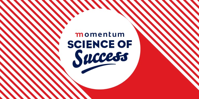 Momentum Science of Success logo in a circle illustration with a red and white angled strips in the background.