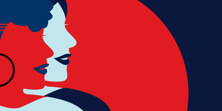 Illustration of a side view of two women looking to the right against a blue and red background.