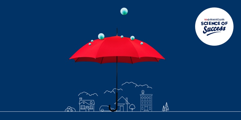 Illustration of a red umbrella with drops of rain falling on it.