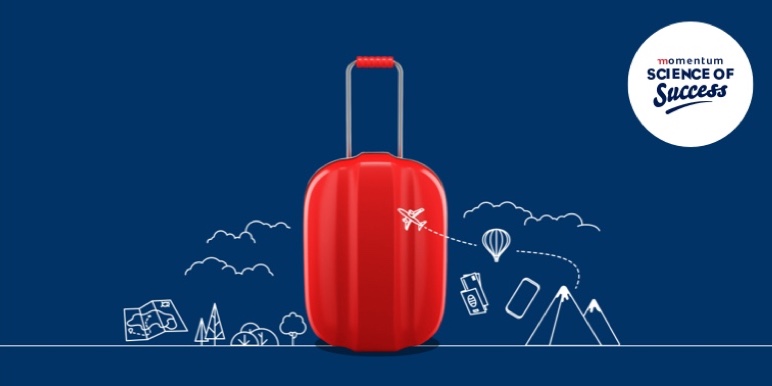 An illustration of a red wheeled duffel bag.
