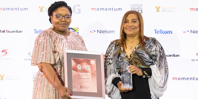 Lindani Bam, Marketing Executive: Strategy & Insights at Momentum with Desiree Ellis, Banyana Banyana Head Coach, who won the #gsport18 Coach of the Year Award 2023.