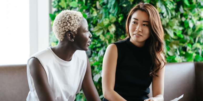 Two women discussing the retirement benefit counselling with Smart Counsel that is offered to FundsAtWork and standalone fund members.