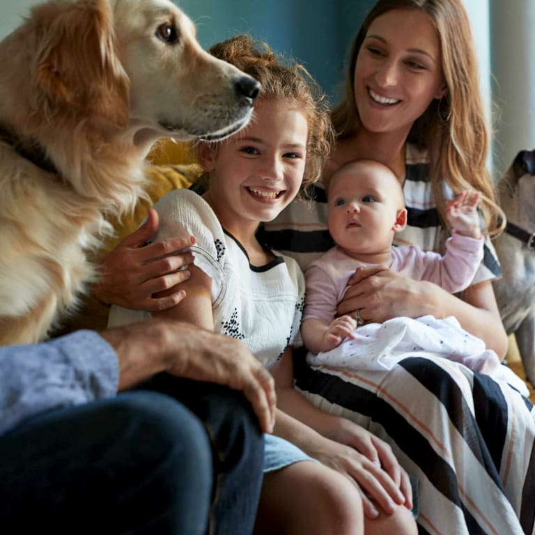 A mum sits with her two daughters on a couch with their golden retriever and fawn pug.