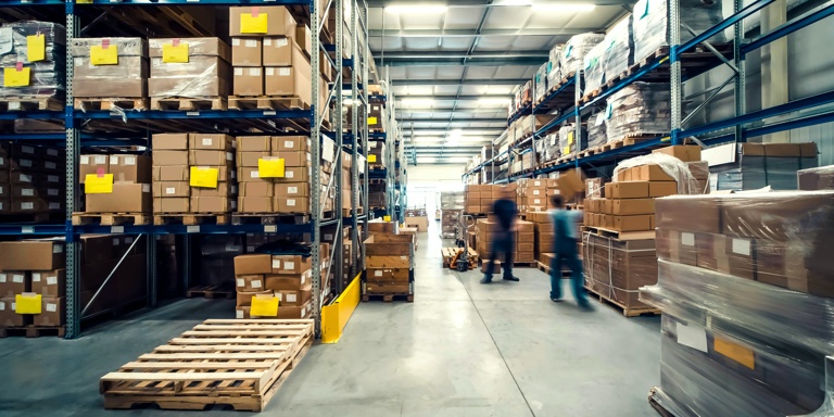 A warehouse facility with wooden crates, cardboard boxes and heavyduty steel shelving to store extra goods.