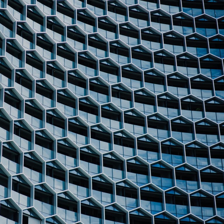 A honeycombed steel structure covering a curved glass skyscraper reflecting the blue sky.