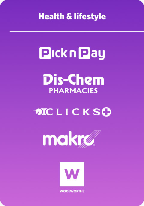 Logos of the health and lifestyle category of various Momentum Multiply rewards partners, including PickNPay, Dis-Chem, and Clicks.