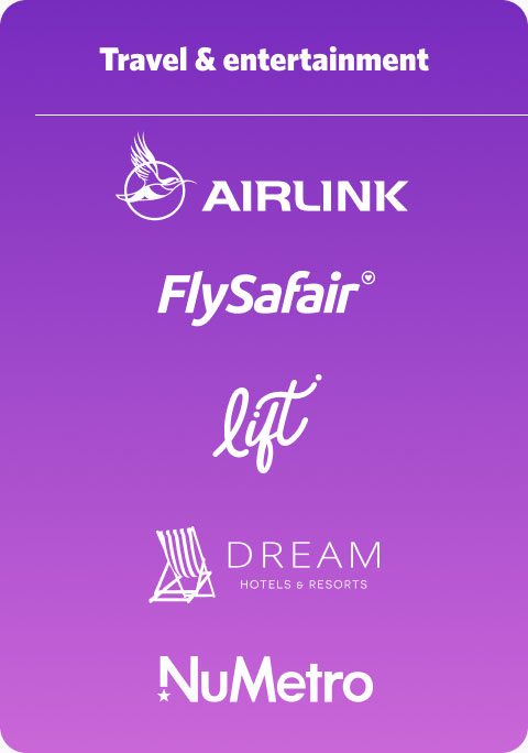 Logos of the travel and entertainment category of various Momentum Multiply rewards partners, including Airlink, Flysafair and Numetro.  