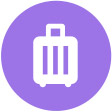 An icon of a travel suitcase on a round purple background.