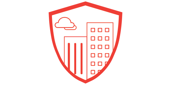 A shield illustration with tall office buildings and clouds in the sky.