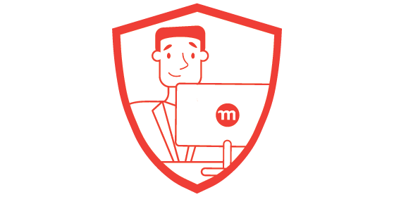 A shield illustration with an employee sitting at his desk, working.