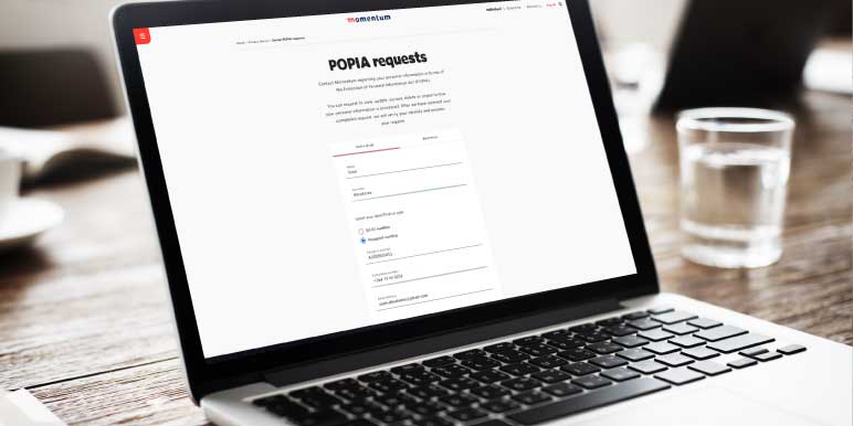 Open laptop displaying the POPIA request form that can be completed and submitted easily online.