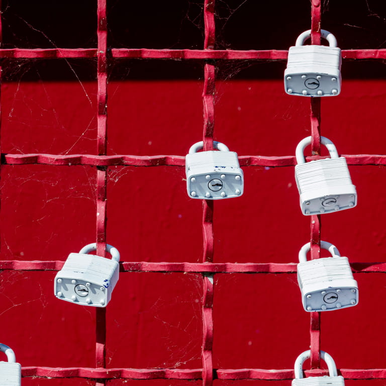 Red grid wire fence with nine white heavy duty padlocks fastened on numerous grids.  