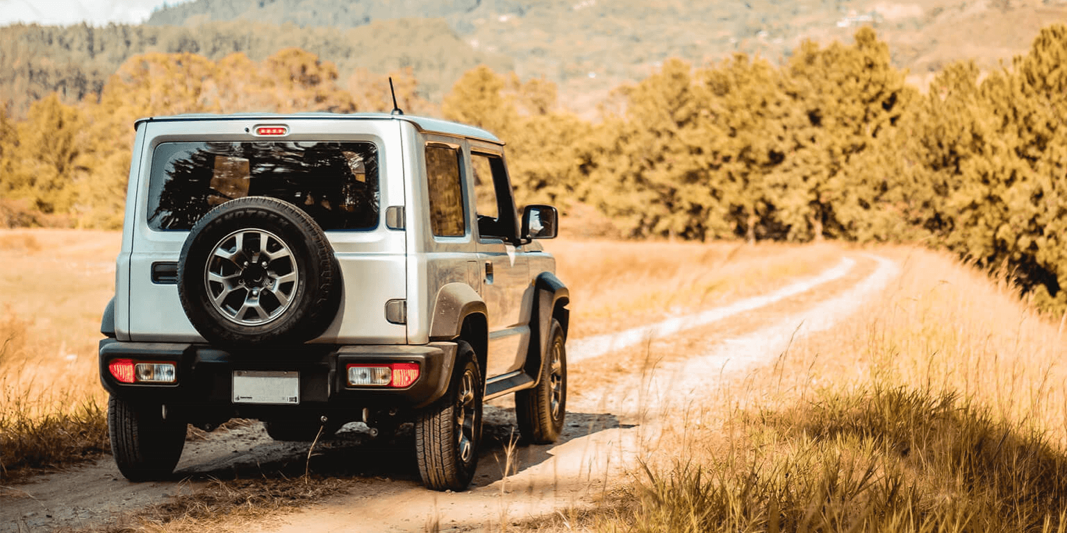 Silver 4 X 4 driving on a dirt road in a mountainous area, surrounded by shrubs and dried grass.